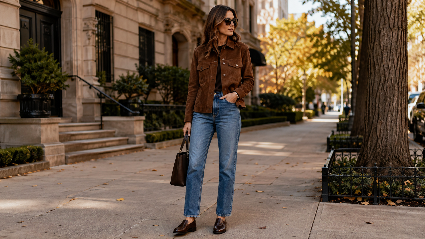 Brown Suede Trucker Jacket with Straight-Leg Jeans and Loafers Fall Outfit